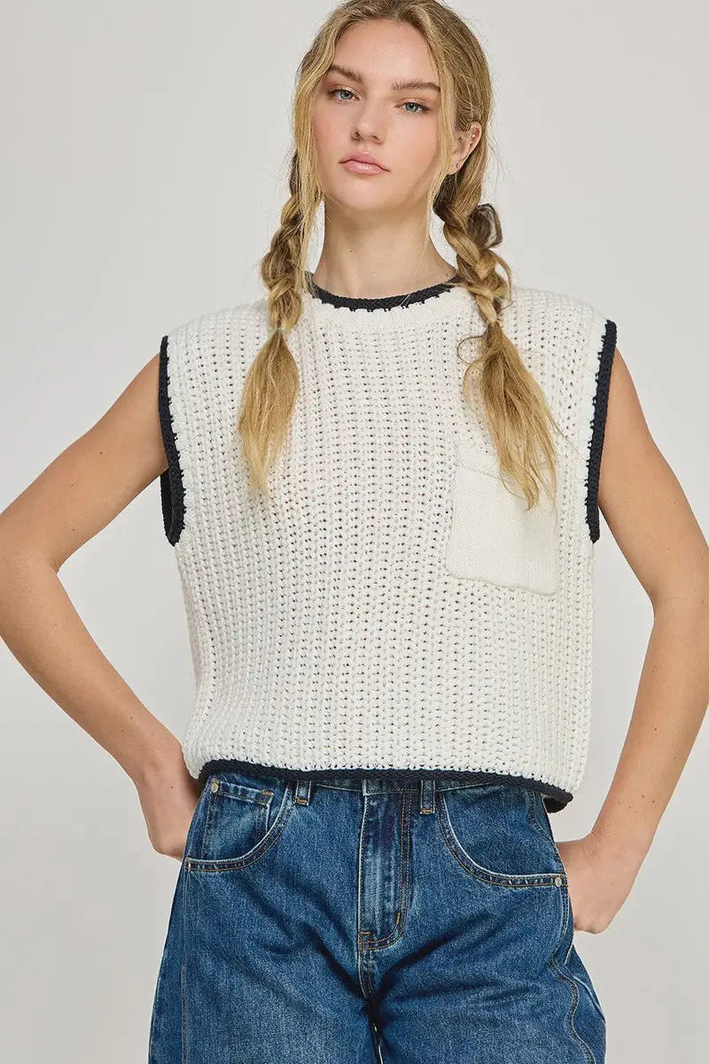 Woman’s white knit vest from the Contrast Edge Chunky Sweater Vest collection of Shop Daisy