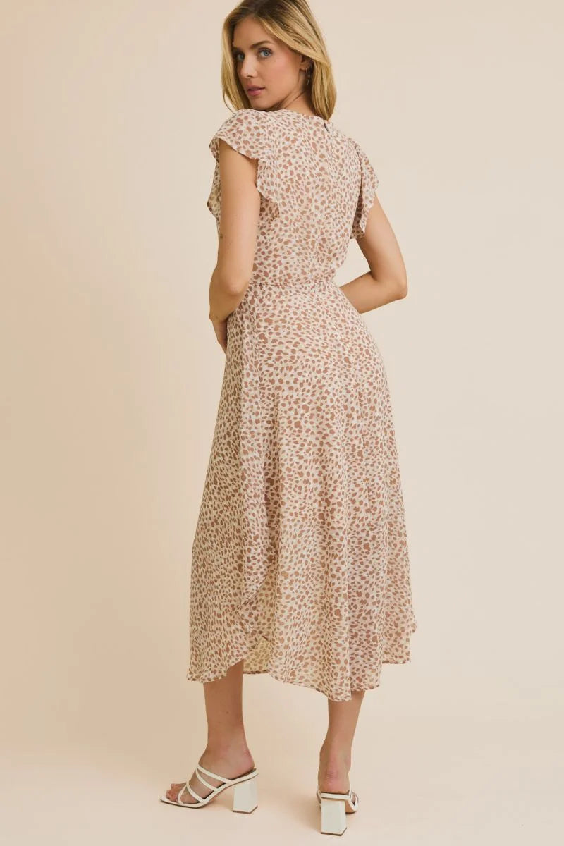 Women’s beige and brown floral print animal print midi dress with ruffled sleeves