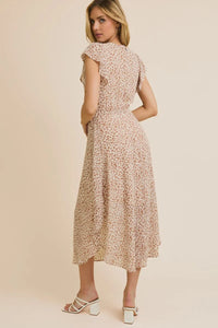 Women’s beige and brown floral print animal print midi dress with ruffled sleeves