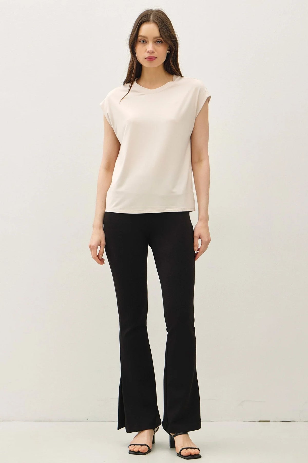 Beige bamboo cap sleeve basic round neck top for women displayed in product image