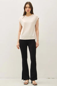 Beige bamboo cap sleeve basic round neck top for women displayed in product image