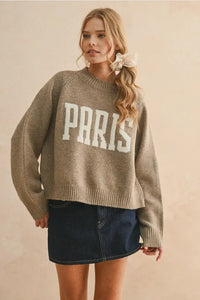 Women’s beige knit sweater with PARIS letter design, perfect for women’s boho chic clothing from Shop Daisy