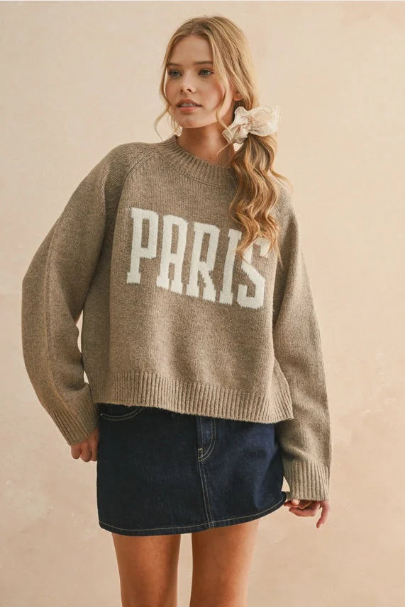 Women’s beige knit sweater with PARIS letter design, perfect for women’s boho chic clothing from Shop Daisy