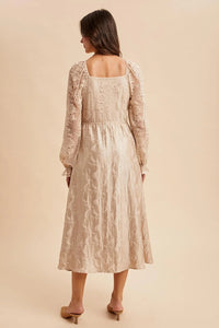 Women’s beige lace jacquard maxi dress with long sleeves and square neckline
