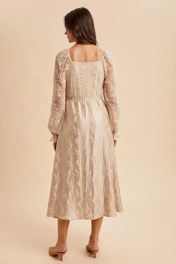 Women’s beige lace jacquard maxi dress with long sleeves and square neckline