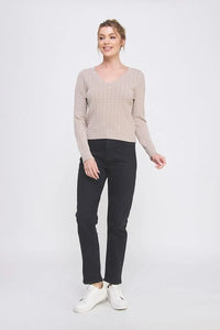Women’s beige long-sleeved ribbed pullover sweater with scallop v-neck detail
