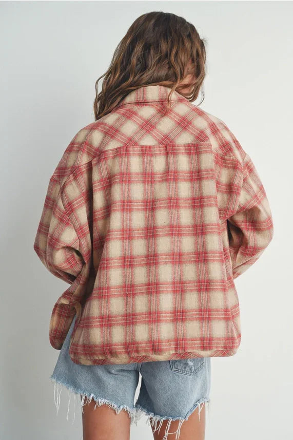 Women’s beige and red plaid long sleeve shirt jacket for casual wear