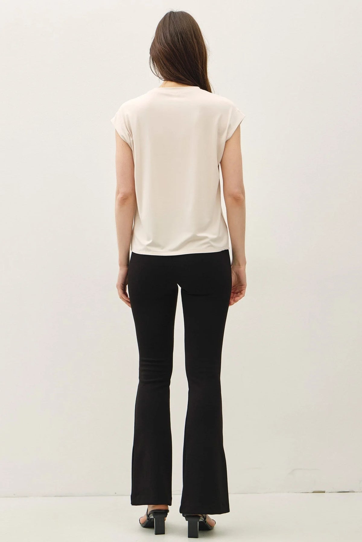 Women’s beige bamboo cap sleeve basic round neck top with black flare pants
