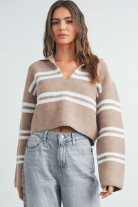 Women’s beige and white stripe crop collar sweater top with V-neck and long sleeves