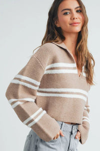 Women’s beige and white striped crop collar sweater top, stylish stripe crop collar design