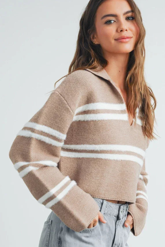 Women’s beige and white striped crop collar sweater top, stylish stripe crop collar design