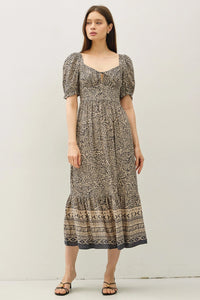 Women’s black and beige paisley border print midi dress with puff sleeves and ruffled hem