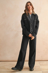 Women’s black denim jacket with a stylish leopard collar for a trendy look
