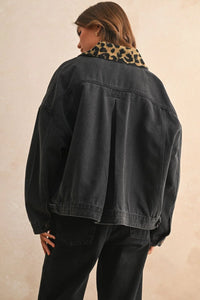 Women’s black denim jacket with a stylish leopard collar black for fashionable wear