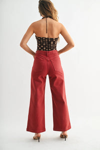 Women’s black halter top with red wide-leg denim jeans featuring patch pockets in THE SAILOR POCKET WIDE LEG