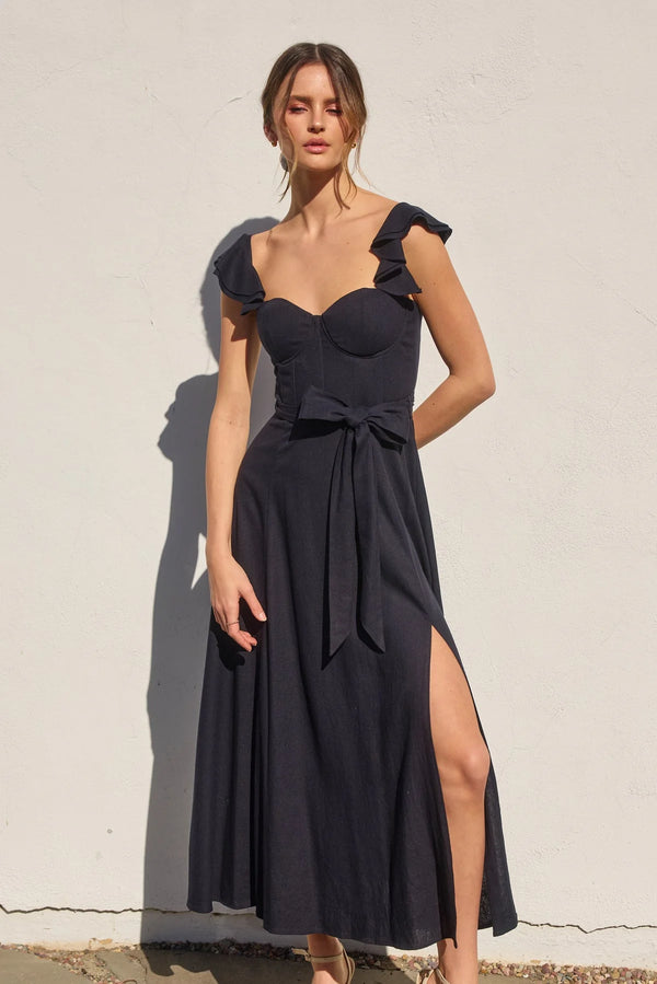 Women’s black corset flutter dress with ruffled straps, sweetheart neckline, and thigh-high slit