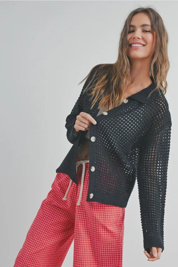 OPEN STITCH CROCHET COLLAR CARDIGAN WOMEN BLACK – Shop Daisy Lane
