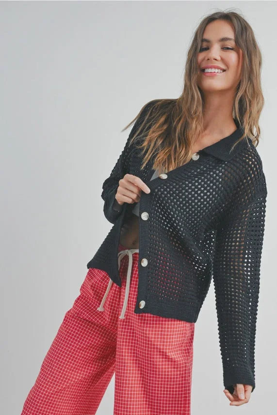 Women’s black open stitch crochet collar cardigan from OPEN STITCH CROCHET collection
