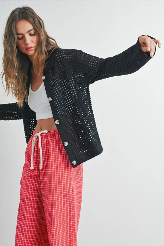 Women’s black open stitch crochet collar cardigan with white buttons, stylish and breathable