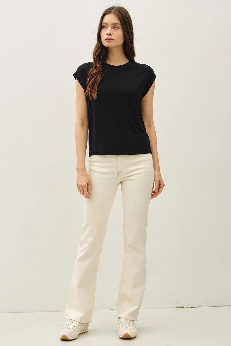 Women’s black bamboo cap sleeve basic top with round neck for casual wear