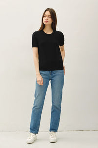 Women’s black ultra soft short sleeve crew-neck top from ULTRA SOFT BASIC SHORT SLEEVE SWEATER TEE, ideal for women’s boho chic clothing