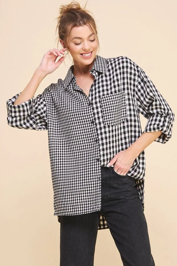Women’s black and white gingham mixed cotton linen blend button-front shirt