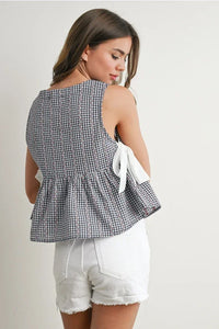 Women’s black and white gingham Sky Meadow Peplum blouse with shoulder ties