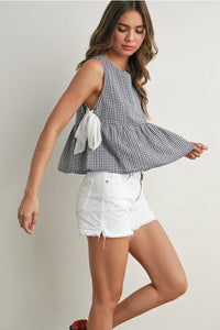 Women’s black and white gingham Sky Meadow Peplum blouse with shoulder ties