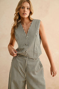 Women’s boho chic clothing featuring a striped button front vest and matching wide-leg pants