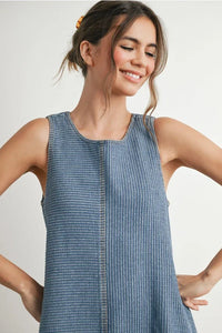 Women’s blue denim sleeveless mini dress, stylish denim mini dress for casual wear