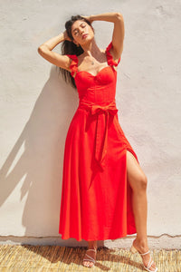 Women’s bright red HEAVEN SENT CORSET FLUTTER DRESS with ruffled straps and thigh-high slit