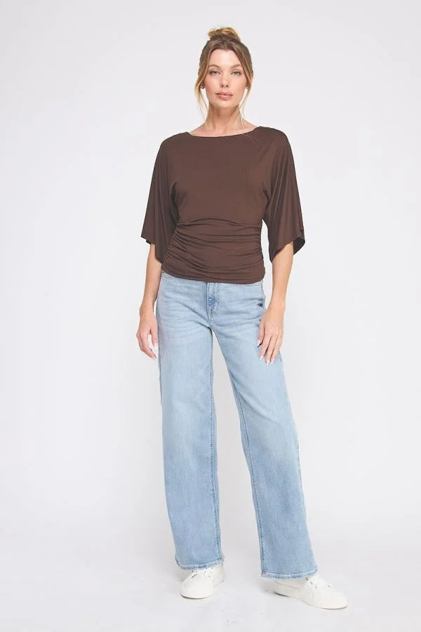 Women’s brown double knit angel sleeve cinch side top with ruched waist styling
