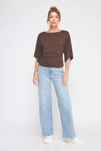 Women’s brown double knit angel sleeve cinch side top with ruched waist styling