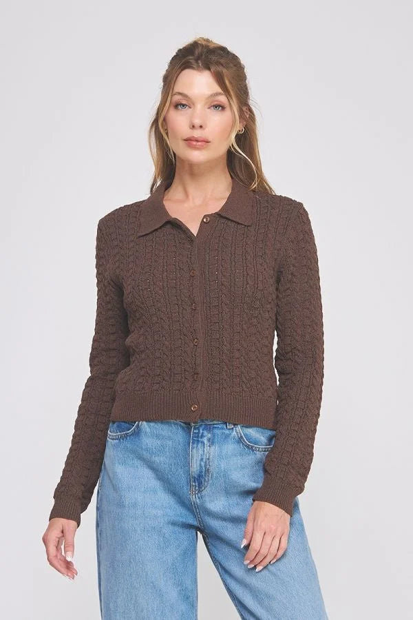 Women’s brown small cable knit button down cardigan with long sleeves