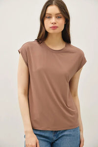 Women’s brown bamboo cap sleeve basic round neck top for casual wear