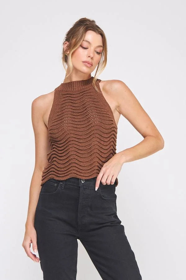 Women’s brown scallop patterned knit halter tank top with wavy texture and mock neck