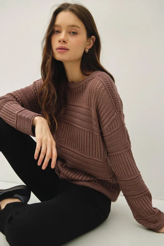 Women’s brown fisherman crochet sweater with textured patterns, stylish crochet sweater for women