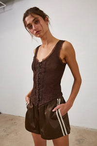 Women’s brown mesh lace button down sleeveless top with matching shorts and striped trim