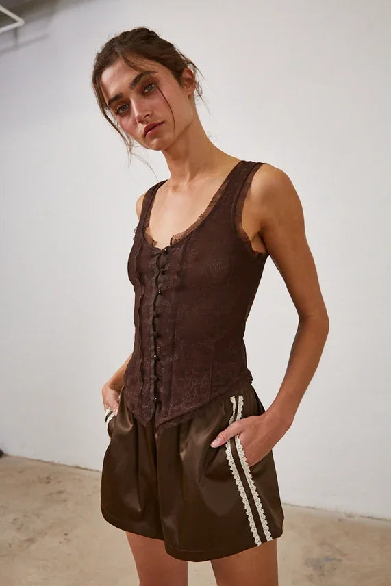 Women’s brown mesh lace button down sleeveless top with matching shorts and striped trim