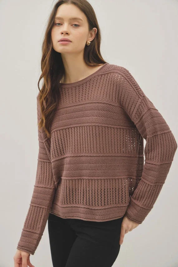 Women’s brown fisherman crochet sweater with horizontal open-knit and solid-knit stripes