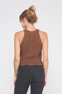Women’s brown scallop patterned knit halter tank top with wavy texture