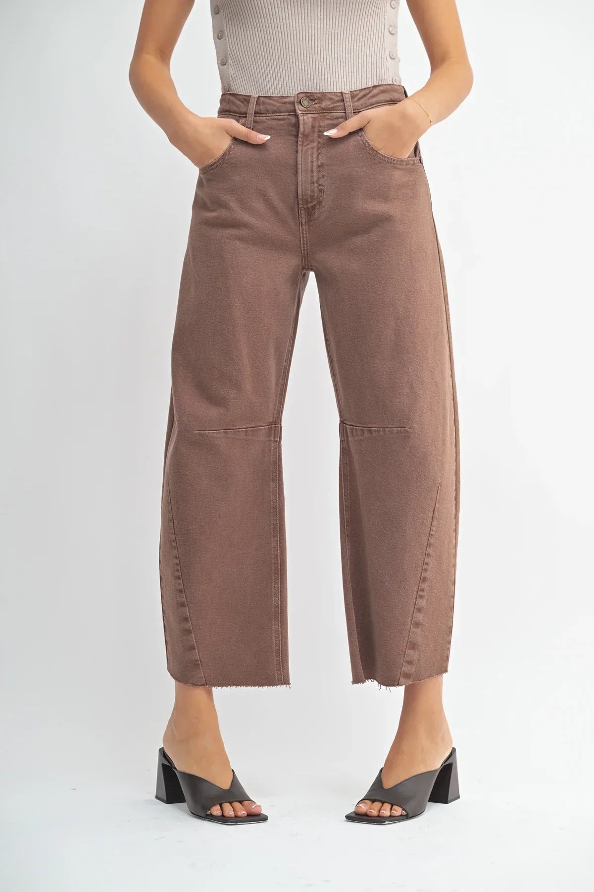 Women’s brown wide-leg cropped jeans with knee panels from THE SEAMED BARREL WILD LEG DENIM JEANS