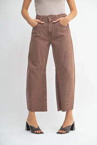 Women’s brown wide-leg cropped jeans with knee panels from THE SEAMED BARREL WILD LEG DENIM JEANS