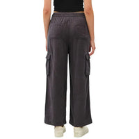 Women’s charcoal gray high rise drawstring wide leg cargo pants with side pockets