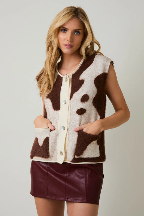 Women’s cow print sleeveless button-up sweater vest cardigan with pockets