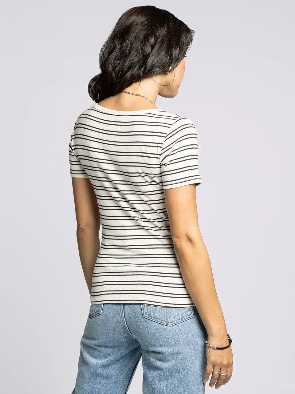 Women’s cream and black striped short-sleeve boat neck katara tee by Thread and Supply