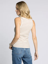 Women’s cream and brown striped edlin basic tank top displayed for casual wear