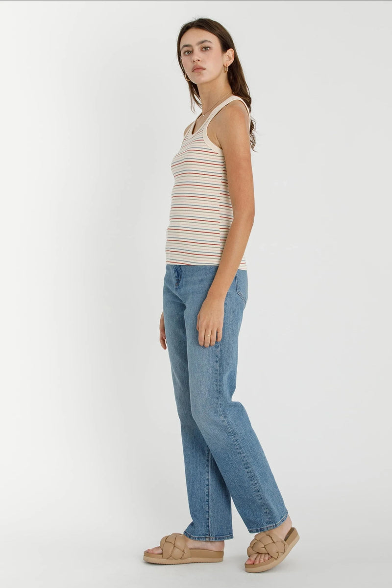 Women’s cream and red ribbed cotton multi striped tank top for casual wear