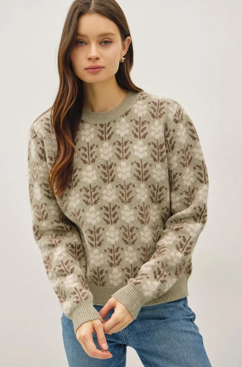Floral crew neck sweater for women with repeating floral pattern in sage green, cream, and brown