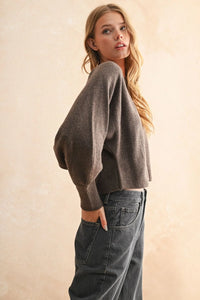 Women’s dark brown boat neck sweater with balloon sleeves, stylish neck sweater for fall